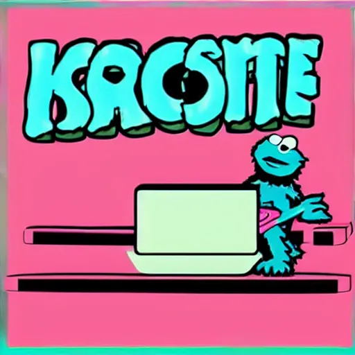 Prompt: the cookie monster is accepting cookies on an old school computer, vaporwave, unreal engine.