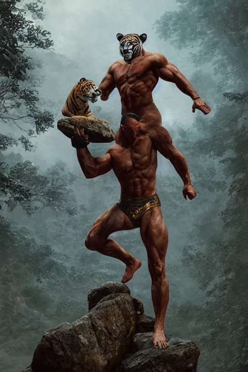 Image similar to a humanoid muscular man with a tiger mask stands on a rock by greg rutkowski, magic realism, hyper realistic, 2 0 0 mm lens