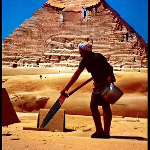 Image similar to a man cutting wood in front of egypt pyramids, painted by drew struzan