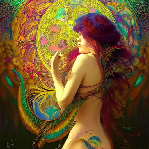 Image similar to An extremely psychedelic experience, reality bending, colorful, surreal, feathers, illuminated, magic mushrooms, psilocybin, LSD, face, detailed, intricate, elegant, highly detailed, digital painting, artstation, concept art, smooth, sharp focus, illustration, art by Krenz Cushart and Artem Demura and alphonse mucha