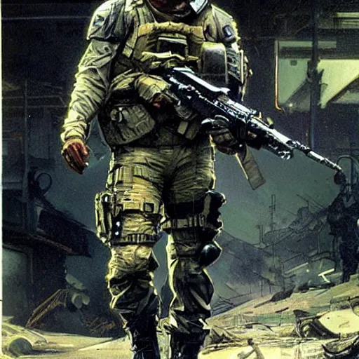 Image similar to Hector. USN special forces recon operator in near future gear, cybernetic enhancement, on patrol in the Australian neutral zone, deserted city landscape. 2087. Concept art by James Gurney and Alphonso Mucha