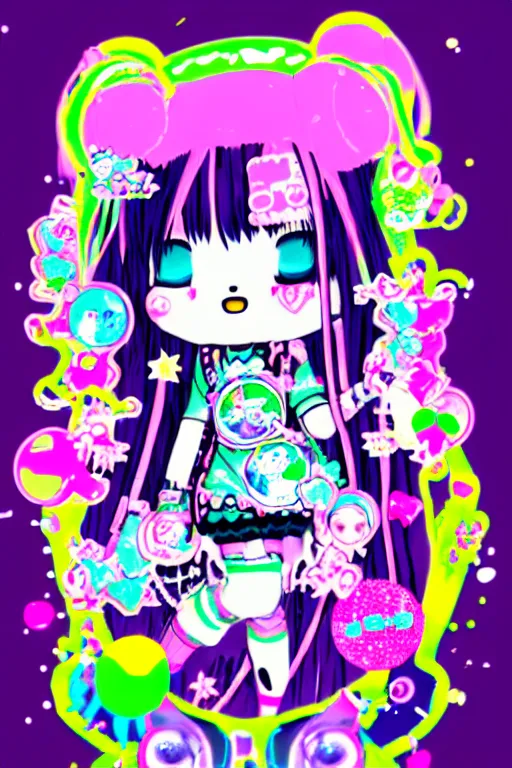 Image similar to cybergoth decora glitchcore yokai girl, sanrio tamagotchi moe ornaments, pastel cute cinematography