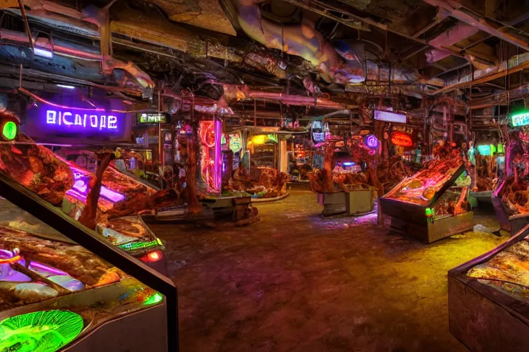 Prompt: batch of retro derelict biopunk arcades made of meat, bones and flash, placed on open space, neon, cyberpunk