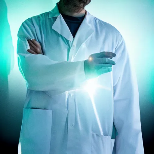 Image similar to portrait of rick sanchez, lab coat and tee shirt, lens flare, atmosphere, glow, detailed, intricate, full of colour, cinematic lighting, 4 k, hyperrealistic, focused, extreme details, cinematic, masterpiece