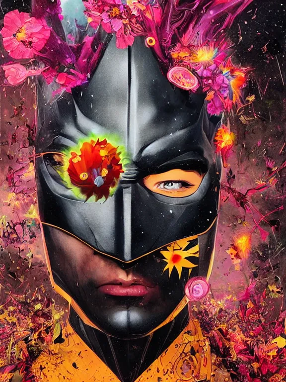Image similar to art portrait of batman with flower exploding out of head,by tristan eaton,Stanley Artgermm,Tom Bagshaw,Greg Rutkowski,Carne Griffiths,trending on DeviantArt,face enhance,chillwave,minimalist,cybernetic, android, blade runner,full of colour,