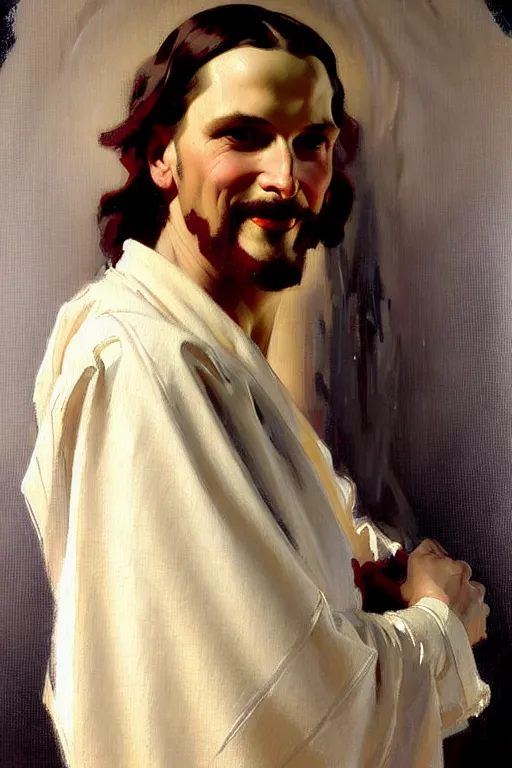 Image similar to leyendecker!!!!!!!!! solomon joseph solomon and richard schmid and jeremy lipking victorian loose genre loose painting full length portrait painting of jesus with a slight smile happy inviting