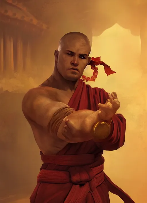 Image similar to A fantasy comic book style portrait painting of a monk as a martial arts fighter in a serene temple, unreal 5, DAZ, hyperrealistic, octane render, RPG portrait, ambient light, dynamic lighting