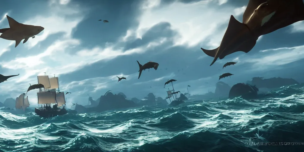 Image similar to a group of stingray, rays and sharks flying in the sky in a rough sea, sea of thieves style, unreal engine, cinematic, waves, fog, clouds, rain