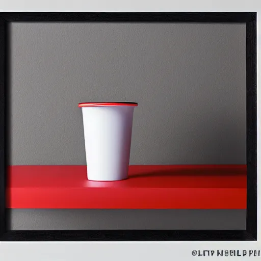 Image similar to an ultra high definition professional studio photograph, 5 0 mm f 1. 4 iso 1 0 0. the photo is set in a plain empty white studio room with a plain white plinth centrally located. the photo depicts an object on the plinth framed centrally. the object is a cup. the cup is coloured red and blue.