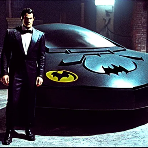 Prompt: henry cavill as batman in batman ( 1 9 8 9 ), standing next to the batmobile, by tim burton, dark deco, gotham city, film still