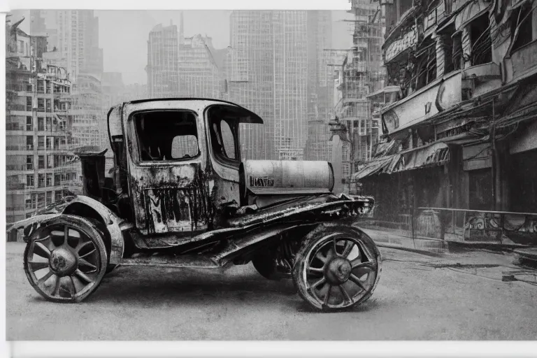 Image similar to cyberpunk 1 9 0 8 model ford t by paul lehr, jesper ejsing, metropolis, parked by view over city, vintage film photo, damaged photo, scratched photo, scanned in, old photobook, silent movie, black and white photo