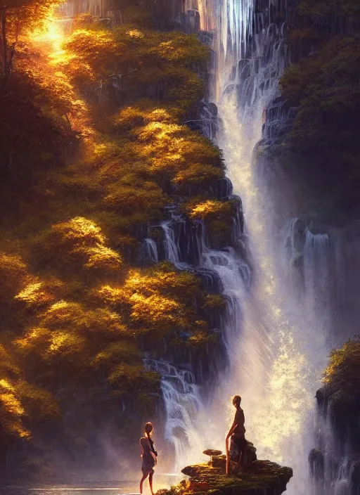 Image similar to detailed intricate digital illustration by greg rutkowski and artgerm and wlop and sanford robinson gifford ; shimmering waterfall in background ; 1 3 mm film, arri alfa anamorphic lens ; sharp focus, golden hour lighting, trending on artstation 4 k