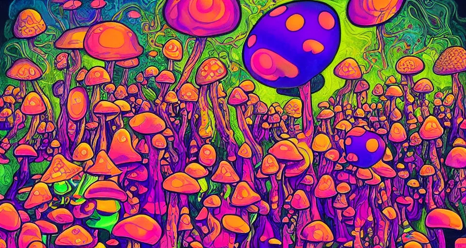 Prompt: a beautiful painting of trippy mushrooms by Tokio Aoyama, Mario Martinez, David Normal. photo-real, trending on artstation, dramatic lighting, minimal background.