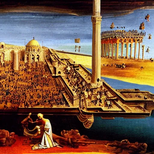 Prompt: painting of the fall of constantinople, painted by da vinci and salvador dali