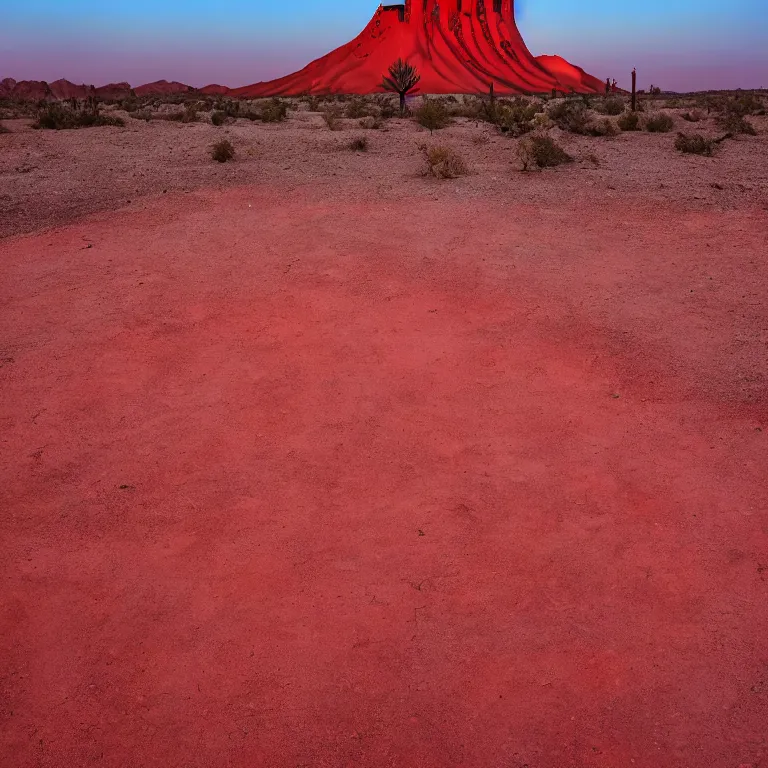 Image similar to cracked dry ground, desert, babel tower in the background, fire, red sky