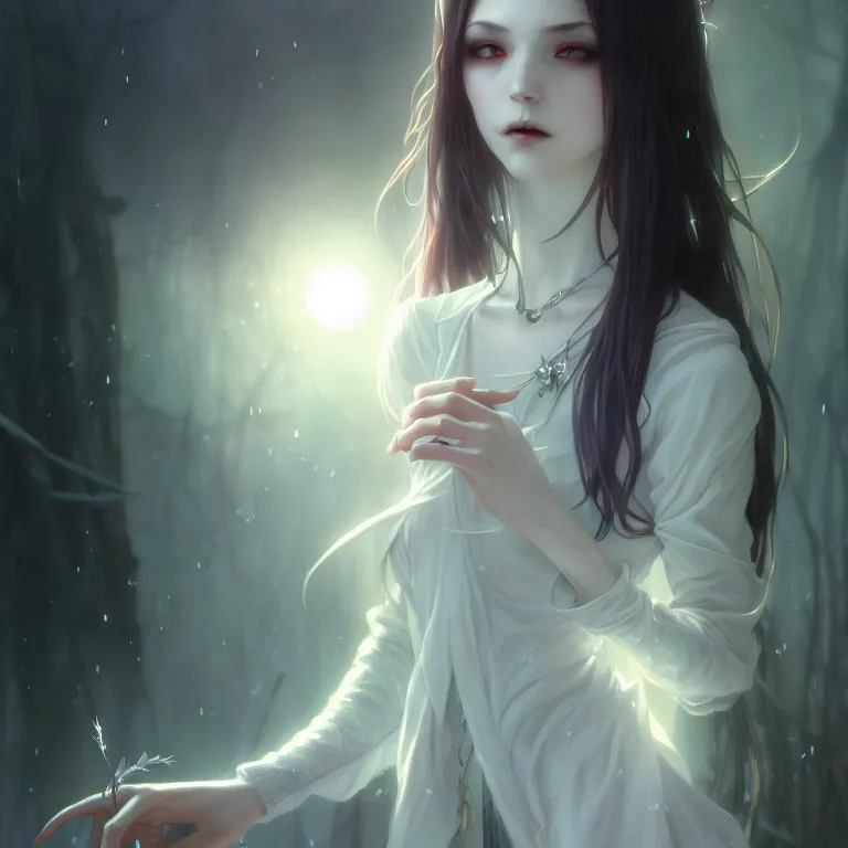 Prompt: gentle vampire, slender girl, silver skin, illustration, cinematic lighting, 8 k, d & d, frostbite 3 engine, of, artstation, intricate, digital art, twilight ray, art by tsuyoshi nagano, greg rutkowski, artgerm, alphonse mucha, radiant light, detailed and complex environment, digital art, art station trends