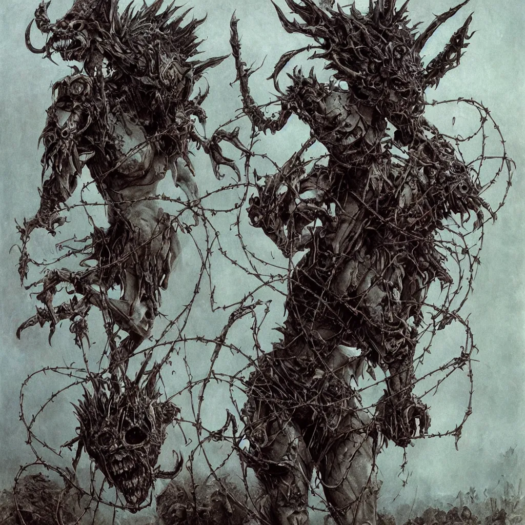 Image similar to A creepy armored horned fanged demon woman with blue scarred skin wrapped in barbed wire. Extremely high detail, realistic, fantasy art, solo, bones, ornate, textured, cgsociety masterpiece, saturated colors, tricate omnious visionary concept art tangled, ripped flesh, art by Zdzisław Beksiński, Arthur Rackham, Dariusz Zawadzki