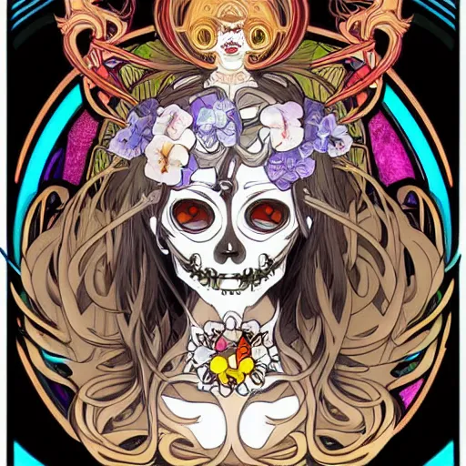 Image similar to anime manga skull portrait girl angel face skeleton illustration style by Alphonse Mucha and Takashi Murakami pop art nouveau