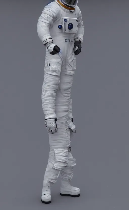 Image similar to astronaut wearing a dress by alexander mcqueen, catwalk, soft ambient lighting, photorealism, unreal engine