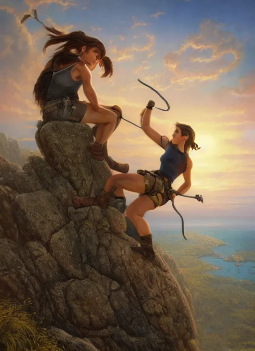 Image similar to Lara Croft climbing a rock, golden hour, Lilia Alvarado, Sophie Anderson, Mark Arian, Bob Byerley, Charlie Bowater, Mark Brooks, Steve Henderson, Justin Gerard, Arthur Hughes, Edward Robert Hughes, Mark Keathley, Victor Nizovtsev, Carlos Shwabe, Ross Tran, WLOP