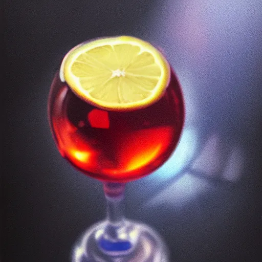 Prompt: photorealistic digital painting of a glass of cherry soda, very dim red lights, very dim blue lights, very dark room, dark background, very photorealistic, resembles lemon demon - view - monster album art