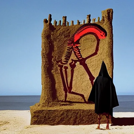 Prompt: A beautiful installation art of a horned, red-eyed, skeleton-like creature, with a long black cape, and a staff with a snake wrapped around it, standing in front of a castle atop a cliff. sand sculpture by Jasper Johns soothing