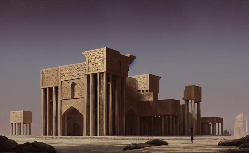 Image similar to exterior shot of utopian ancient persian architecture with cinematic lighting by peter zumthor and renzo piano, darek zabrocki and greg ruthkowski, simon stalenhag, m. c. escher vibe, cinematic, holy place, paradise, scifi, futurism, atmospheric, concept art, artstation, trending on artstation