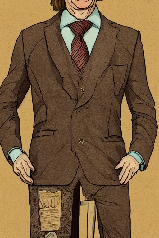 Prompt: an illustration of saul goodman in the style of mary grandpre, beautiful intricately detailed, hd