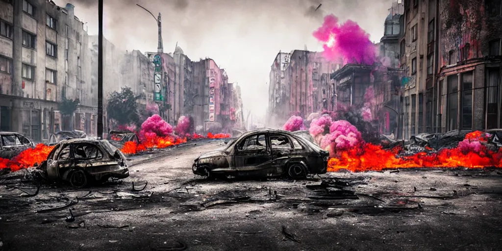 Image similar to post - apocalyptic kreuzberg streets, burned cars, explosions, colorful smoke, hyperrealistic, gritty, damaged, dark, urban photography, photorealistic, high details