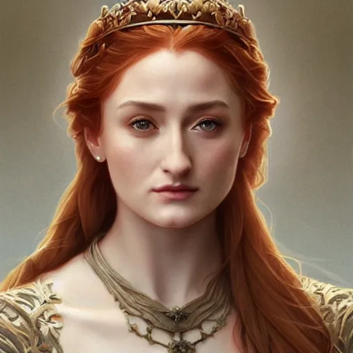 Image similar to portrait of sansa stark queen, intricate, elegant, highly detailed, digital painting, artstation, concept art, smooth, sharp focus, illustration, art by artgerm and greg rutkowski and alphonse mucha and william - adolphe bouguereau