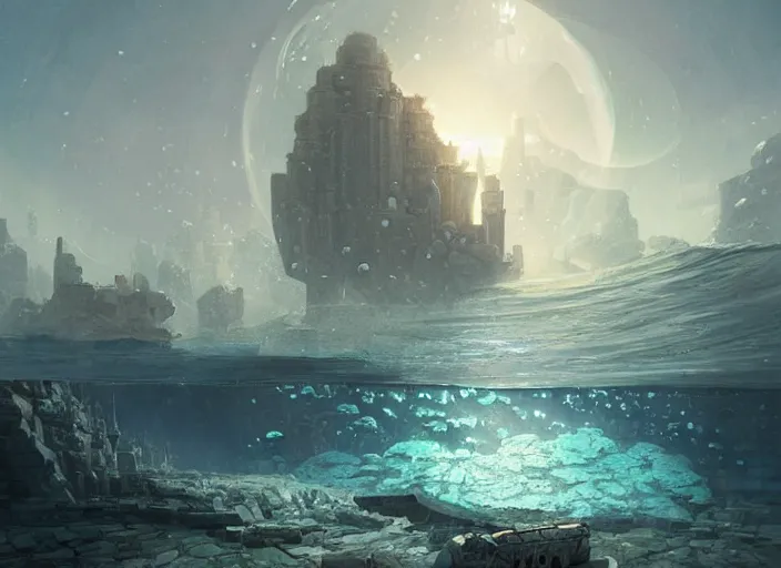 Prompt: The beautiful city Atlantis made of stone, underwater protected by a magic bubble, whales swimming outside, a fantasy digital painting by Greg Rutkowski and James Gurney, trending on Artstation, highly detailed