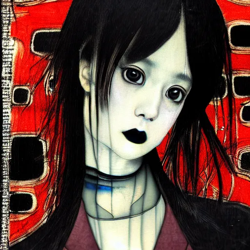 Image similar to yoshitaka amano blurred and dreamy realistic three quarter angle portrait of a beautiful young woman with black lipstick and black eyes wearing dress suit with tie, junji ito abstract patterns in the background, satoshi kon anime, noisy film grain effect, highly detailed, renaissance oil painting, weird portrait angle, blurred lost edges