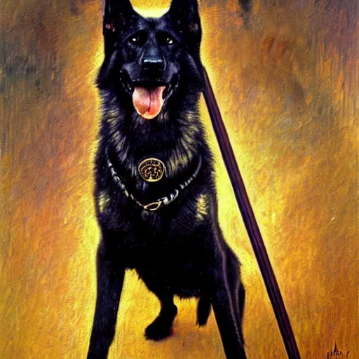 Image similar to a portrait of a black german shepard dogman canine with human eyes smiling holding a staff stick lord of the rings. highly detailed painting by gaston bussiere craig mullins jc leyendecker gustav klimt artgerm greg rutkowski