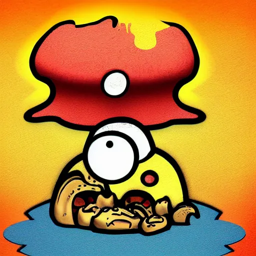 Image similar to Pacman eating a mushroom. Digital art.