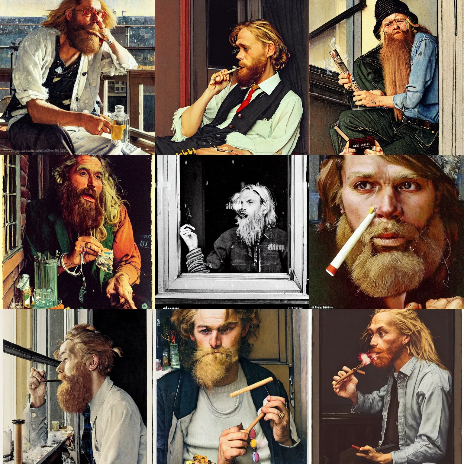 Prompt: norman rockwell portrait of a 20-something nordic man with long blonde hair and a (shaggy) beard smoking a joint on a balcony in New York City, Norwegian Man