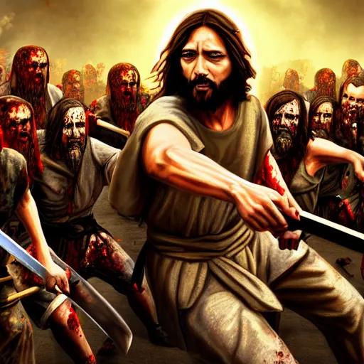 Image similar to jesus christ holding a katana and fighting a horde of zombies, 4 k, high resolution, still, landscape, hd, dslr, hyper realistic