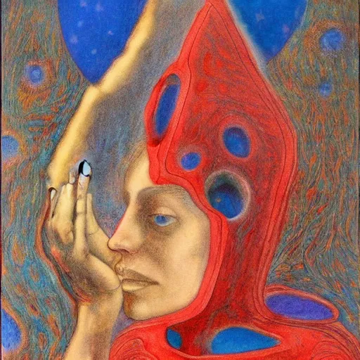 Prompt: a red persin inside a giant heard of blue people, symbolist, visionary, dreamlike