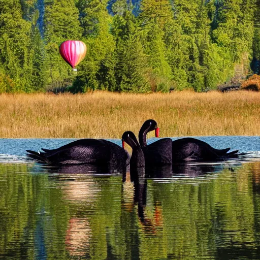 Image similar to photo of two black swans swimming in a beautiful reflective mountain lake, touching heads, forming a heart with their necks, a colorful hot air balloon is flying above the swans, hot air balloon, intricate, 8k highly professionally detailed, HDR, CGsociety