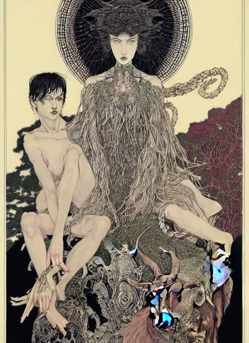 Prompt: boy, girl and a goat, by austin osman spare and Takato Yamamoto and Vania Zouravliov, high resolution