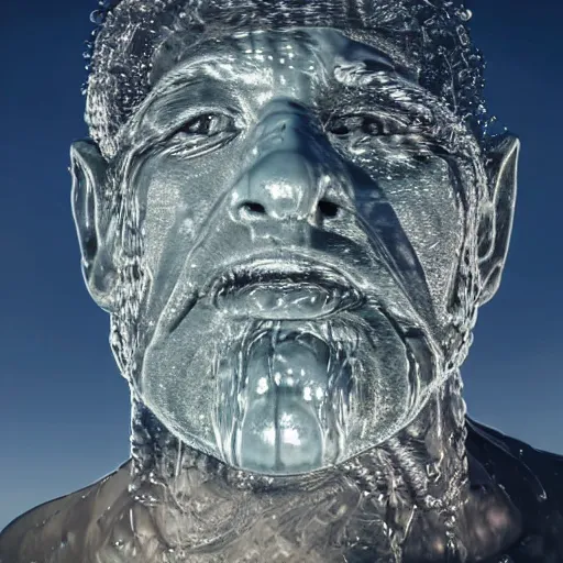 Image similar to a giant sculpture made out of water of a human head on the ocean, made purely out of water, cinematic, in the style of johnson tsang, long shot, hyper detailed, hyper realistic, ray tracing, 8 k resolution, sharp focus, realistic water, award winning