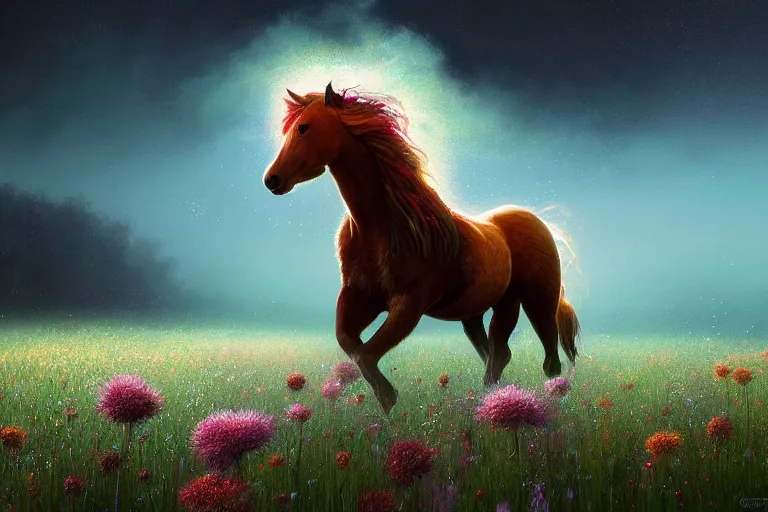 Image similar to a stunning digital painting of a horse with a mane of bioluminescent flowers running through a field of flowers by greg rutkowski, flowercore, volumetric light, digital art, fine detail, photorealistic