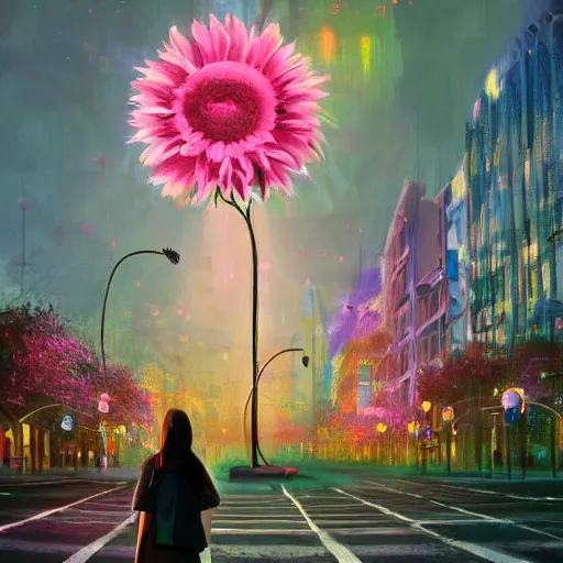 Prompt: giant daisy flower head, woman walking in a modern city, surreal photography, night, neon light, impressionist painting, digital painting, artstation, simon stalenhag