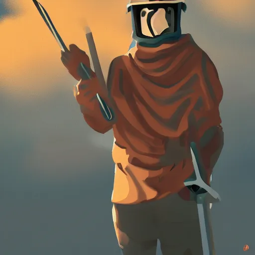 Image similar to man with sword and shield, wavy, gouache, abstract, smoke plume, digital illustration, clouds, helmet, sepia tone, golden hour, windy, shaded face, concept art, big brush