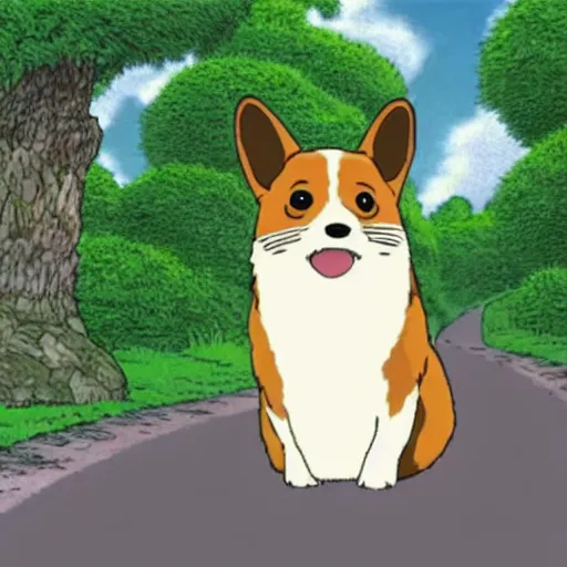 Image similar to a corgi totoro, scene from the movie my neighbor totoro, studio ghibli, anime, peaceful, calm, beautiful landscape