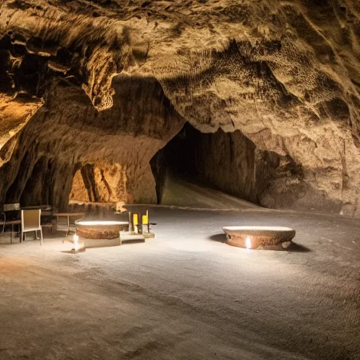 Image similar to a cave with an amphi theatre inside, stone seats, center stage with tiki torches light