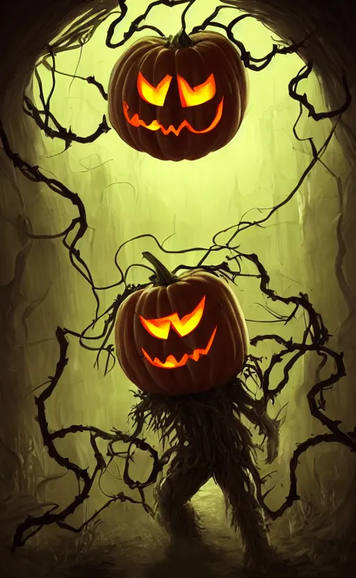 Prompt: fantasy monster concept art, a jack o lantern monster with vines for a body walking down a street of nightmares, dynamic lighting, photorealistic, trending on art station, stunning visuals, creative, cinematic, ultra detailed, atmospherical, ambient lighting, scary art