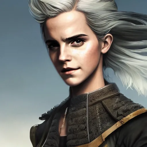 Image similar to a detailed matte portrait of emma watson dressed at ciri from the witcher, scar over green eye, long white hair, art by dan mumford and yusuke murata and makoto shinkai and ross tran, cosmic, heavenly, god rays, intricate detail, cinematic, 8 k, cel shaded, unreal engine, featured on artstation, pixiv