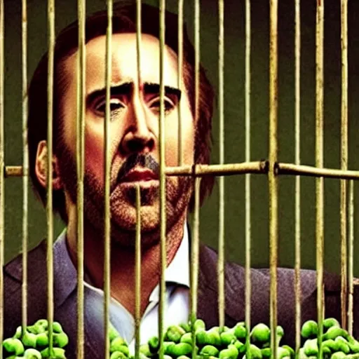 Image similar to nicolas cage trapped in a wicker cage being covered in peas, screaming, movie still, hdr