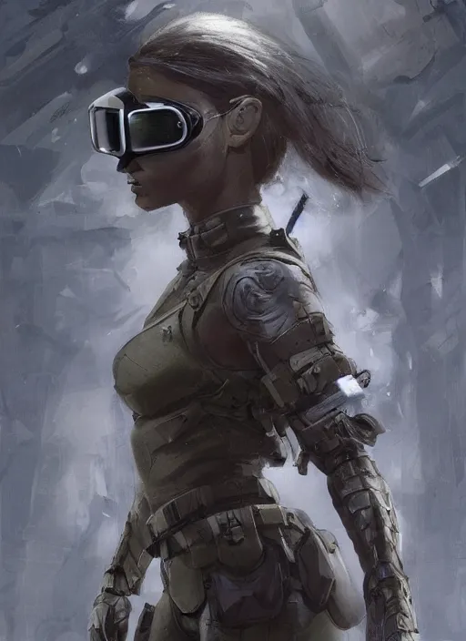 Image similar to a professional painting of a beautiful young female, clothed in stealth armor, nightvision goggles, olive skin, long dark hair, beautiful bone structure, symmetrical facial features, intricate, elegant, digital painting, concept art, smooth, sharp focus, illustration, from Metal Gear, by Ruan Jia and Mandy Jurgens and Artgerm and William-Adolphe Bouguerea