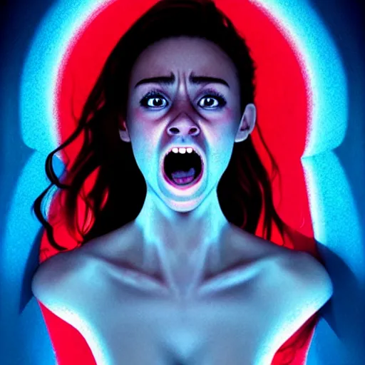 Image similar to beautiful Stella Maeve screaming in a red cave, blue lighting deep in the cave, symmetrical face symmetrical eyes, red hair, portrait, Charlie Bowater character art, no long neck, cinematic lighting